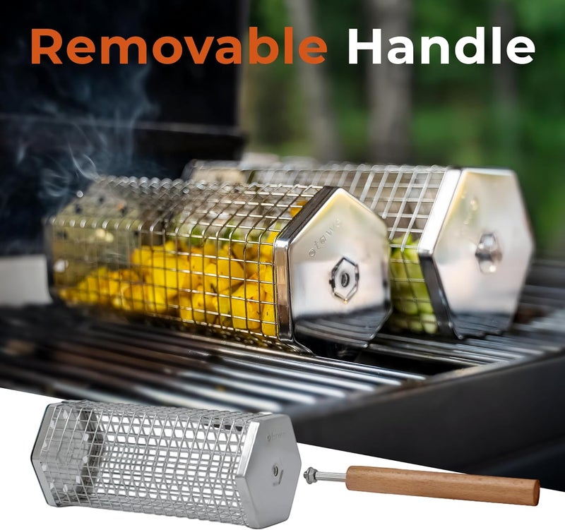 Otawe 2 Pack Rolling Grill Basket – Stainless Steel Grilling Basket with Lid and Removable Wooden Handle – BBQ Accessories for Vegetables, Shrimp, Meat – Outdoor Cooking Gift for Dad or Husband – - Image 3